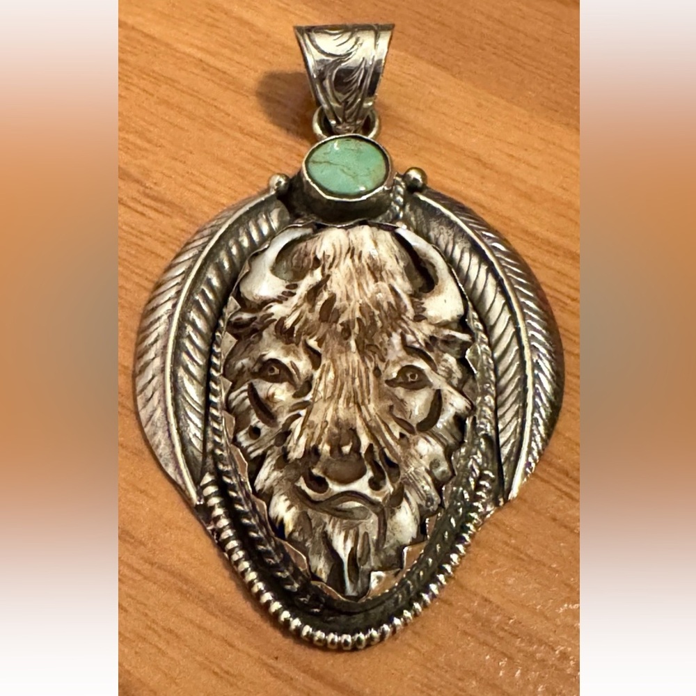 Hand Carved Bone Pendant,Bison Face Art,Green Turquoise & Silver,3”inch,26grams - Picture 8 of 9